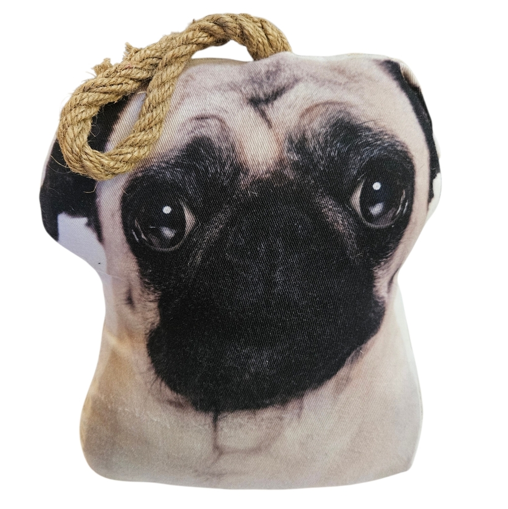 Kikkerland Doorstop Pug Dog Plush Decor Rope Handle Weighted New W/ Tags Defects